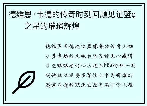 德维恩·韦德的传奇时刻回顾见证篮球之星的璀璨辉煌