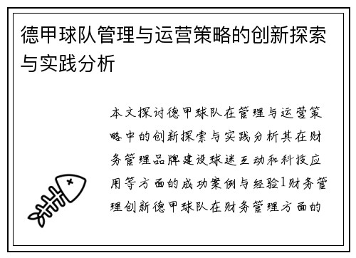 德甲球队管理与运营策略的创新探索与实践分析