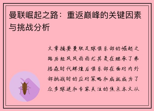 曼联崛起之路：重返巅峰的关键因素与挑战分析